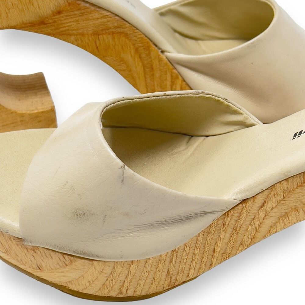 Anthropologie Jennifer Swii Cream Leather Platform Wooden Curved Heel Sandals 7 - Picture 10 of 11